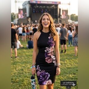 le chateau Black Midi Dress with Purple and Pink Floral Print